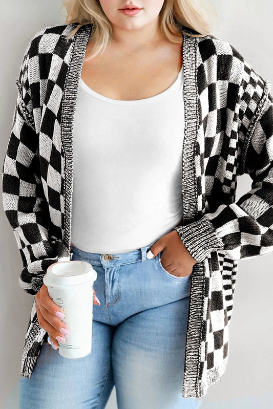 Checkered Bubble Sleeve Drop Shoulder Open Cardigan