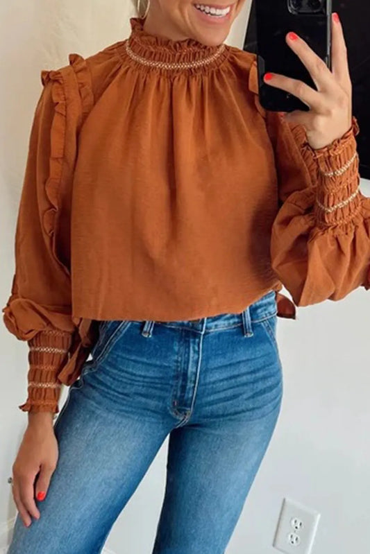 Frilly Ruffle Trim Shirred Stand Neck Cuffed Long Sleeve Blouse