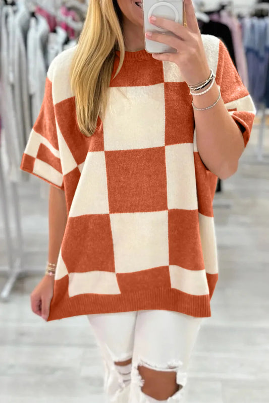 Checkered Pattern Loose Drop Shoulder Half Sleeve Sweater