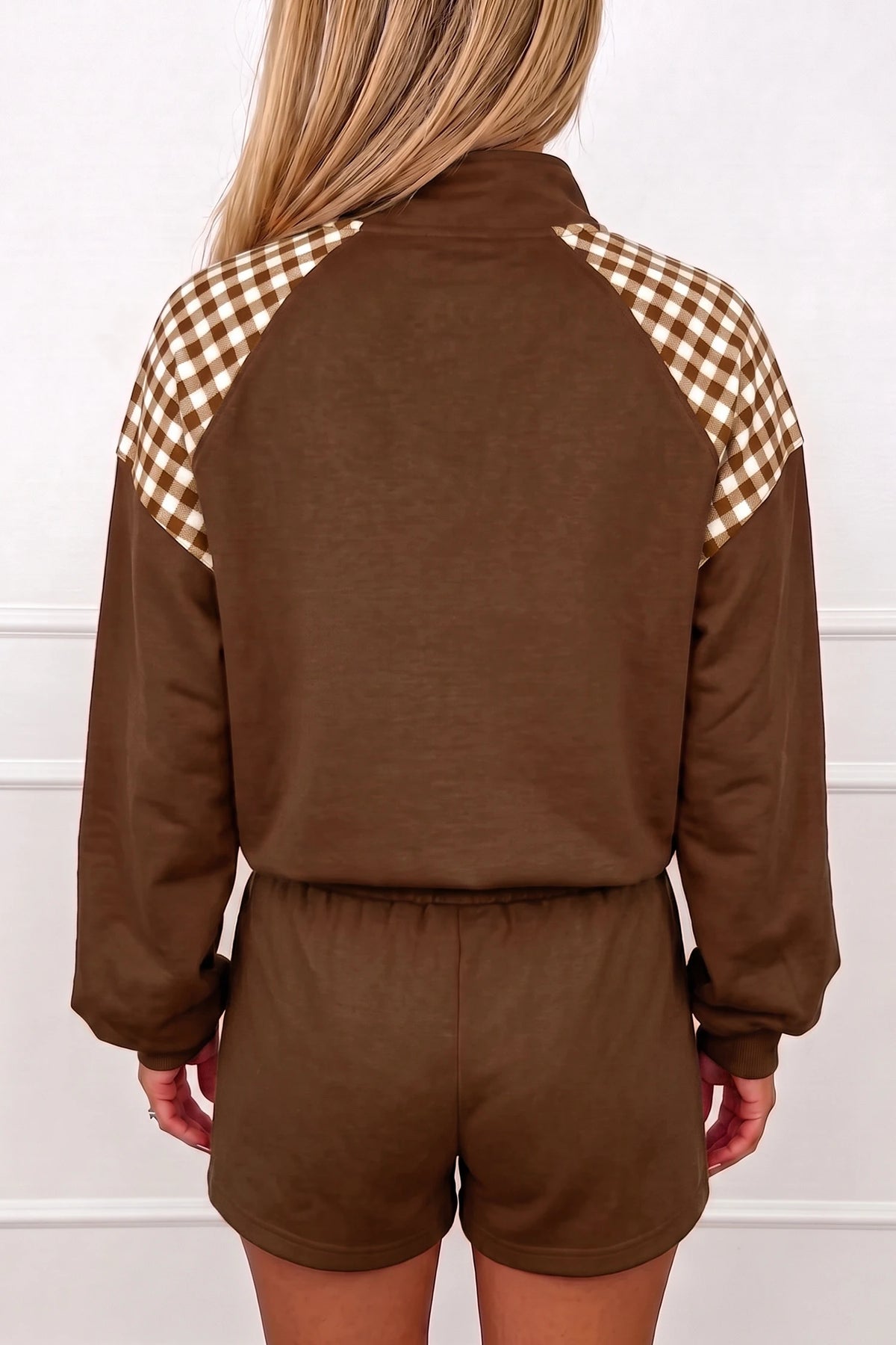 Coffee Plaid Half Zip Pullover Drawstring Short Set