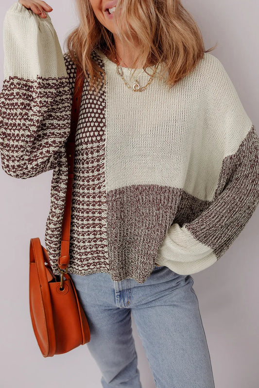 Color Block Back Tie Drop Shoulder Loose Sweater
