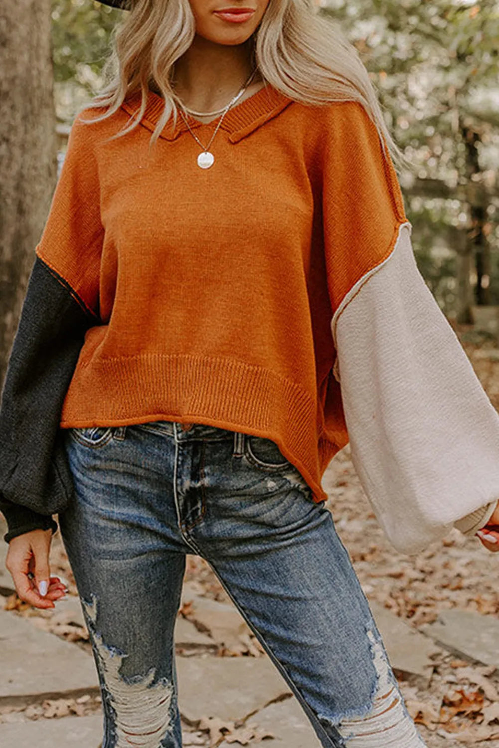 Colorblock Raw Edge Bubble Sleeve V Neck Sweater