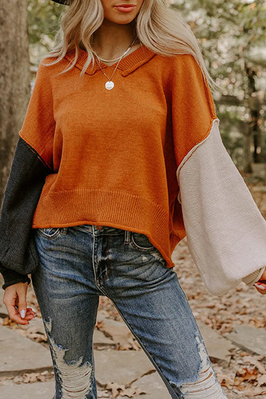 Colorblock Raw Edge Bubble Sleeve V Neck Sweater