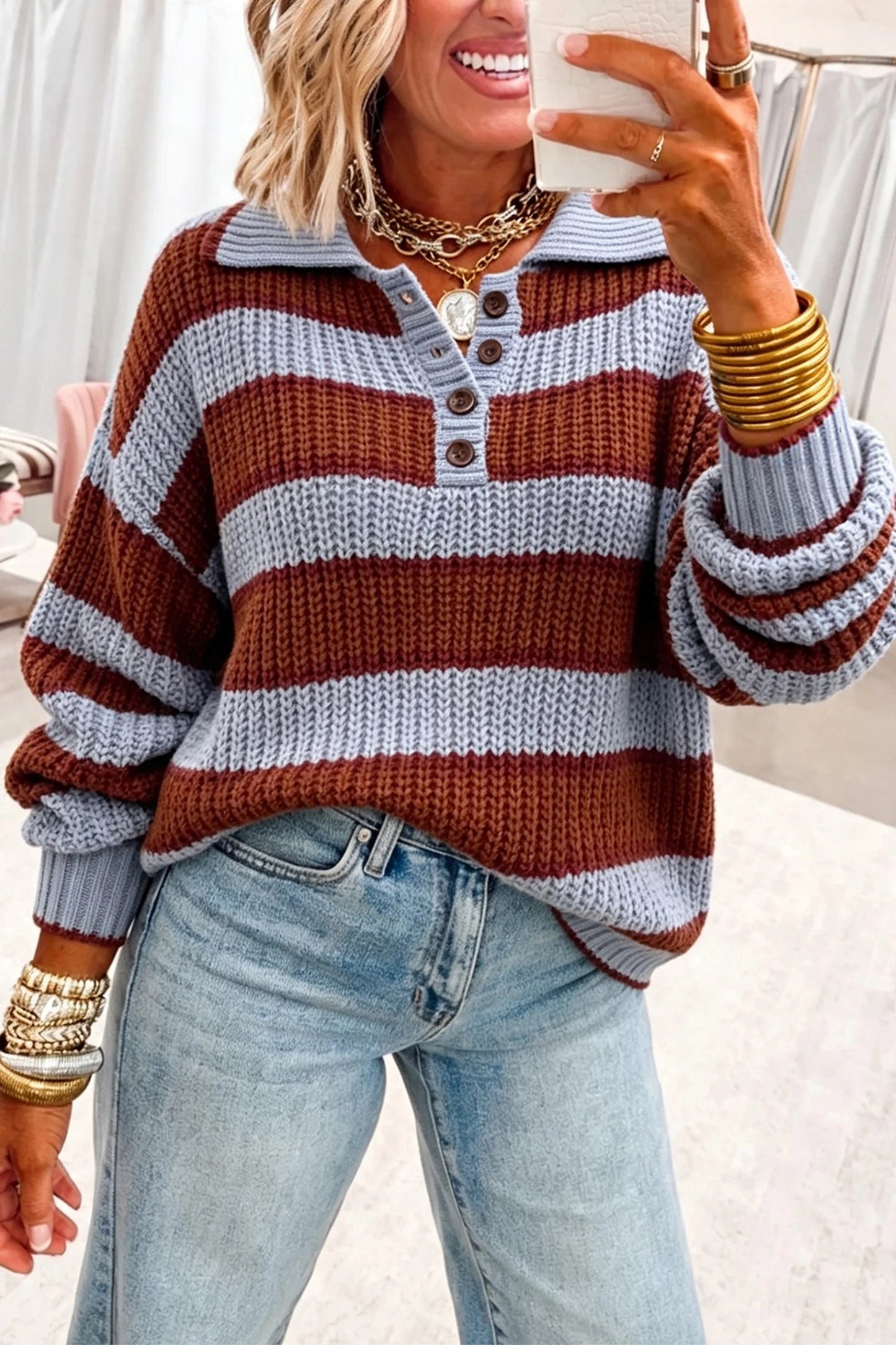 Red Dahlia Button Relaxed Pullover Sweater