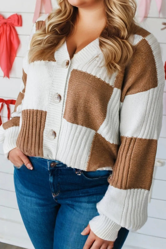 Checkered Ribbed Plus Size Cardigan Sweater