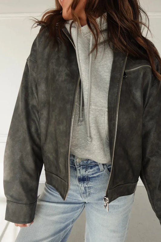 Grey Vintage Faux Leather Button Pleated Cuffs Zip Up Jacket