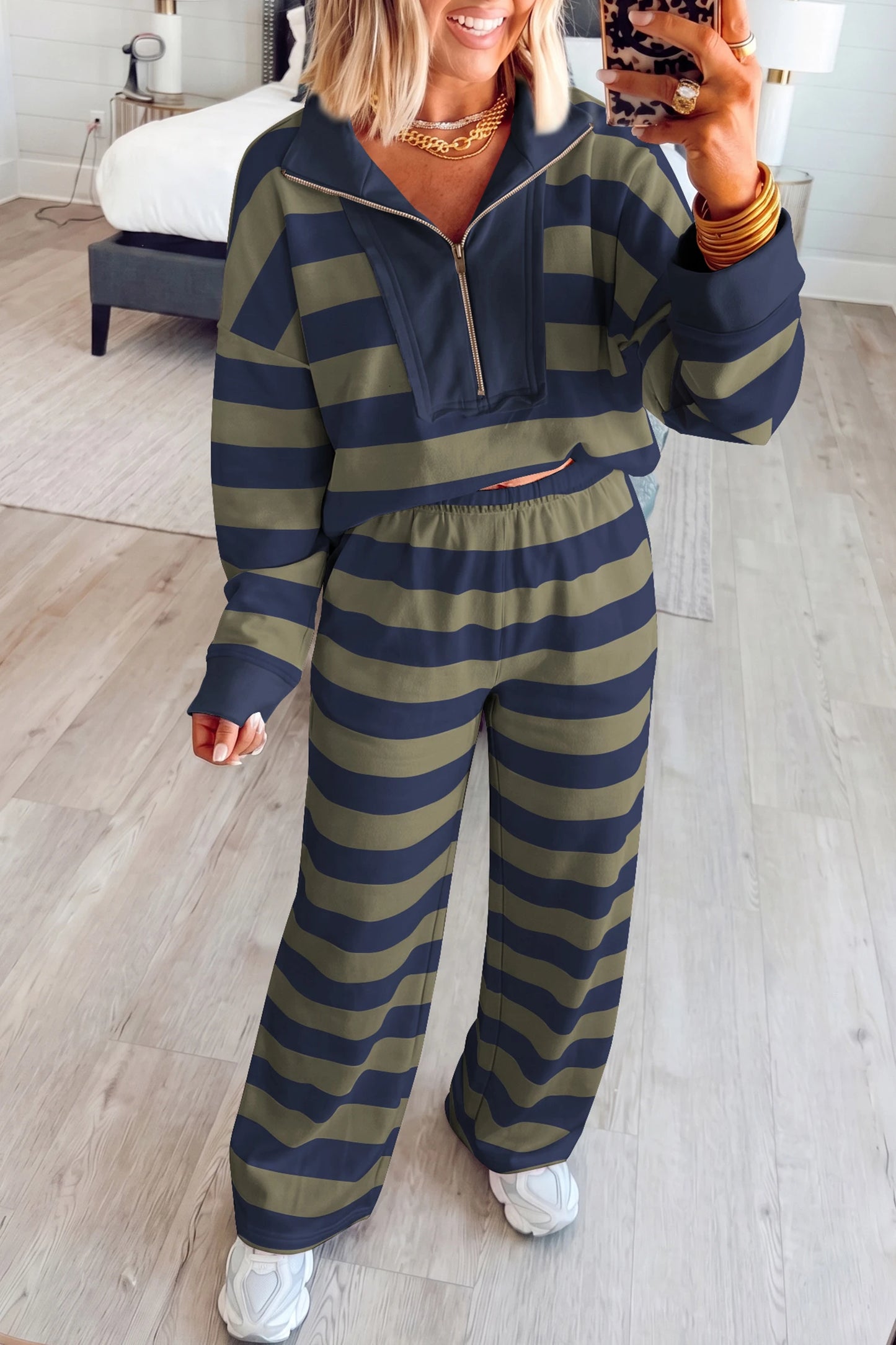 Stripe Zip Top/Elastic Waist Pants Set