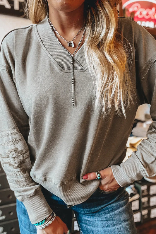 Aztec Embroidered Western V Neck Sweatshirt
