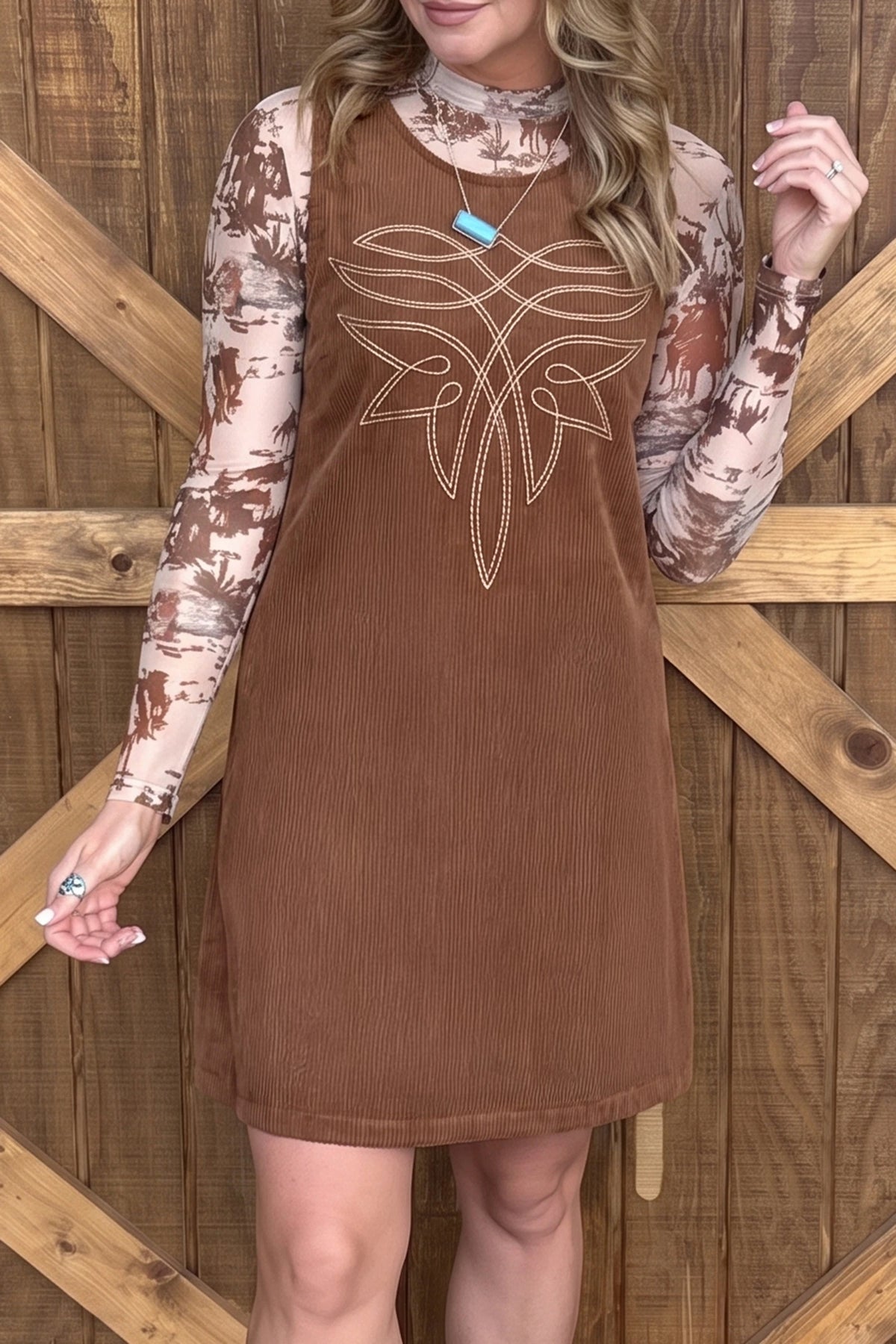 Coffee  Embroidery Sleeveless Corduroy Shift Dress