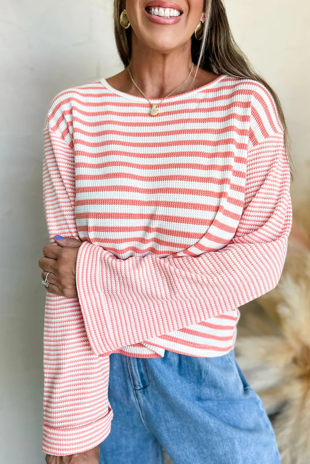 Stripe Textured Contrast Dropped Long Sleeve Top