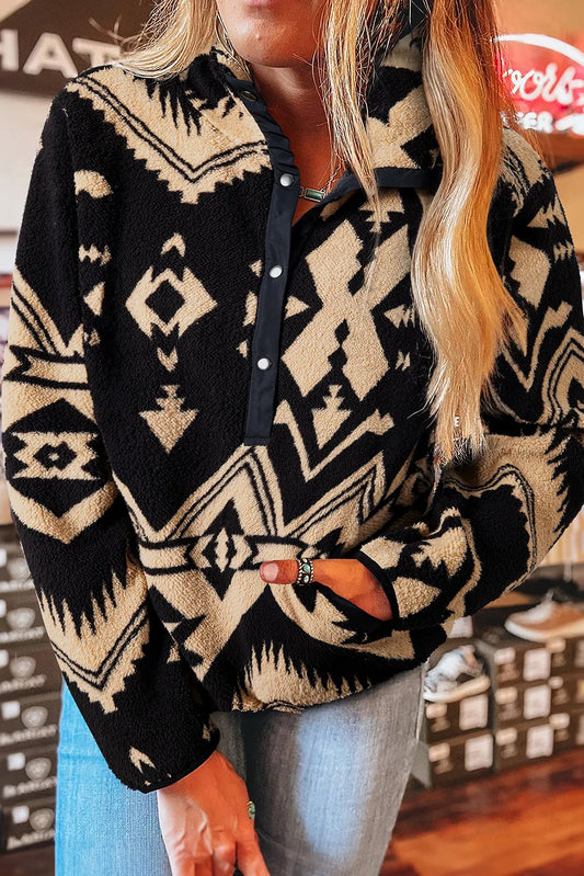 Black Western Aztec Half Zip Plush Sweatshirt