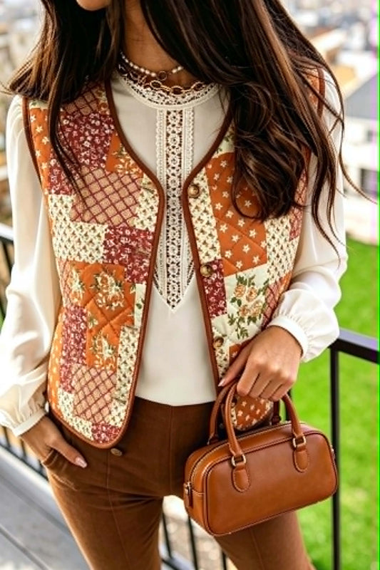 Golden Quilted Floral Button Vest
