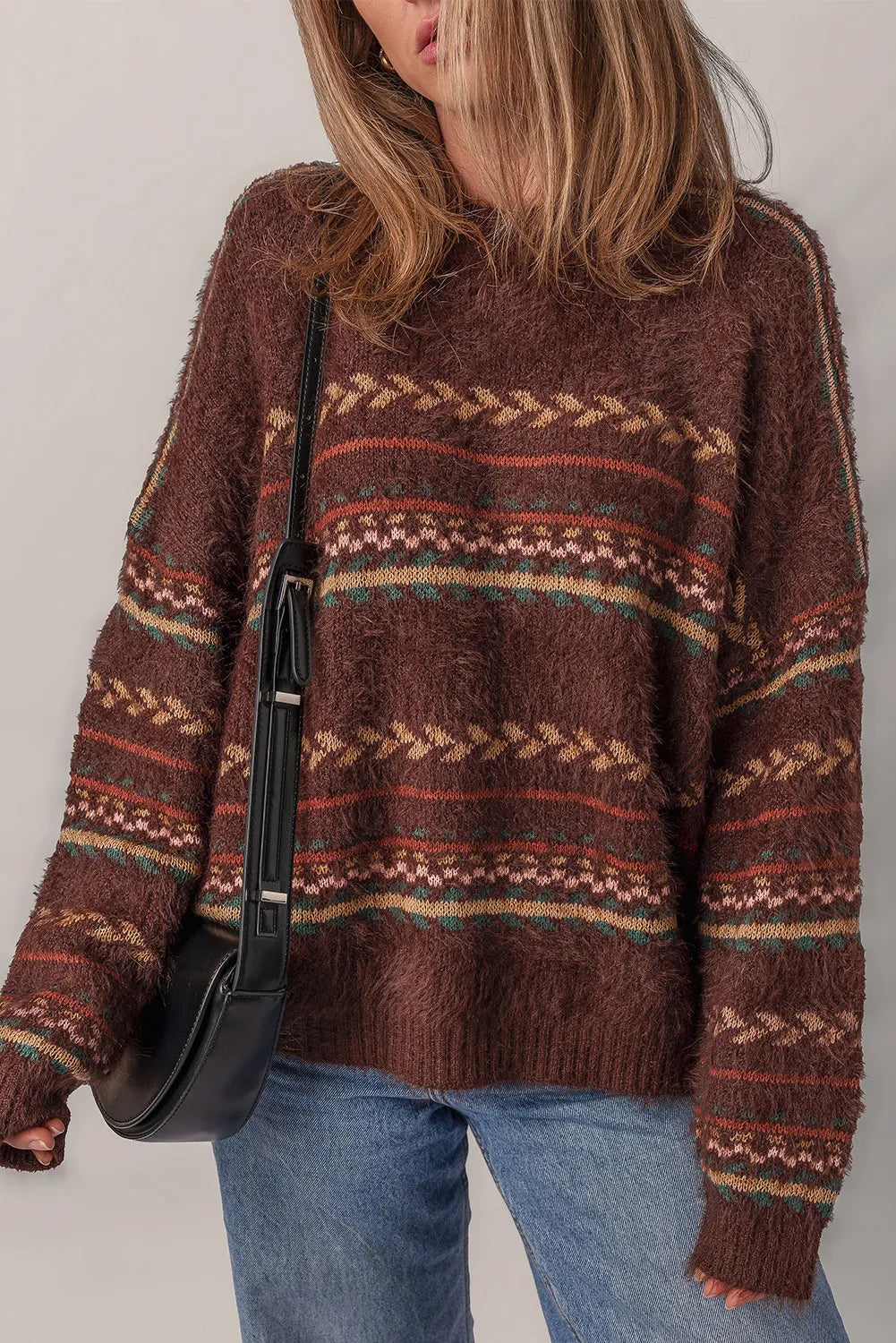 Pattern Mohair Knitted Drop Shoulder Sweate