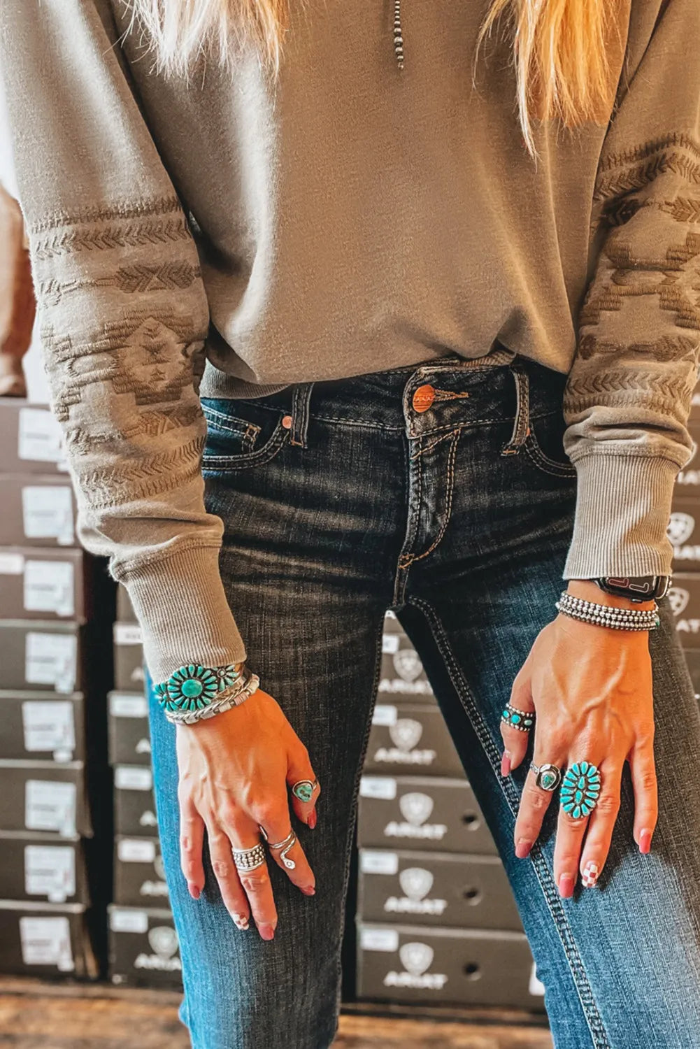 Aztec Embroidered Western V Neck Sweatshirt