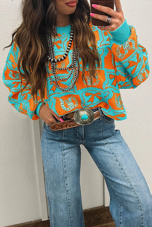 Bows & Horseshoes Pattern Western Fashion Print Sweater