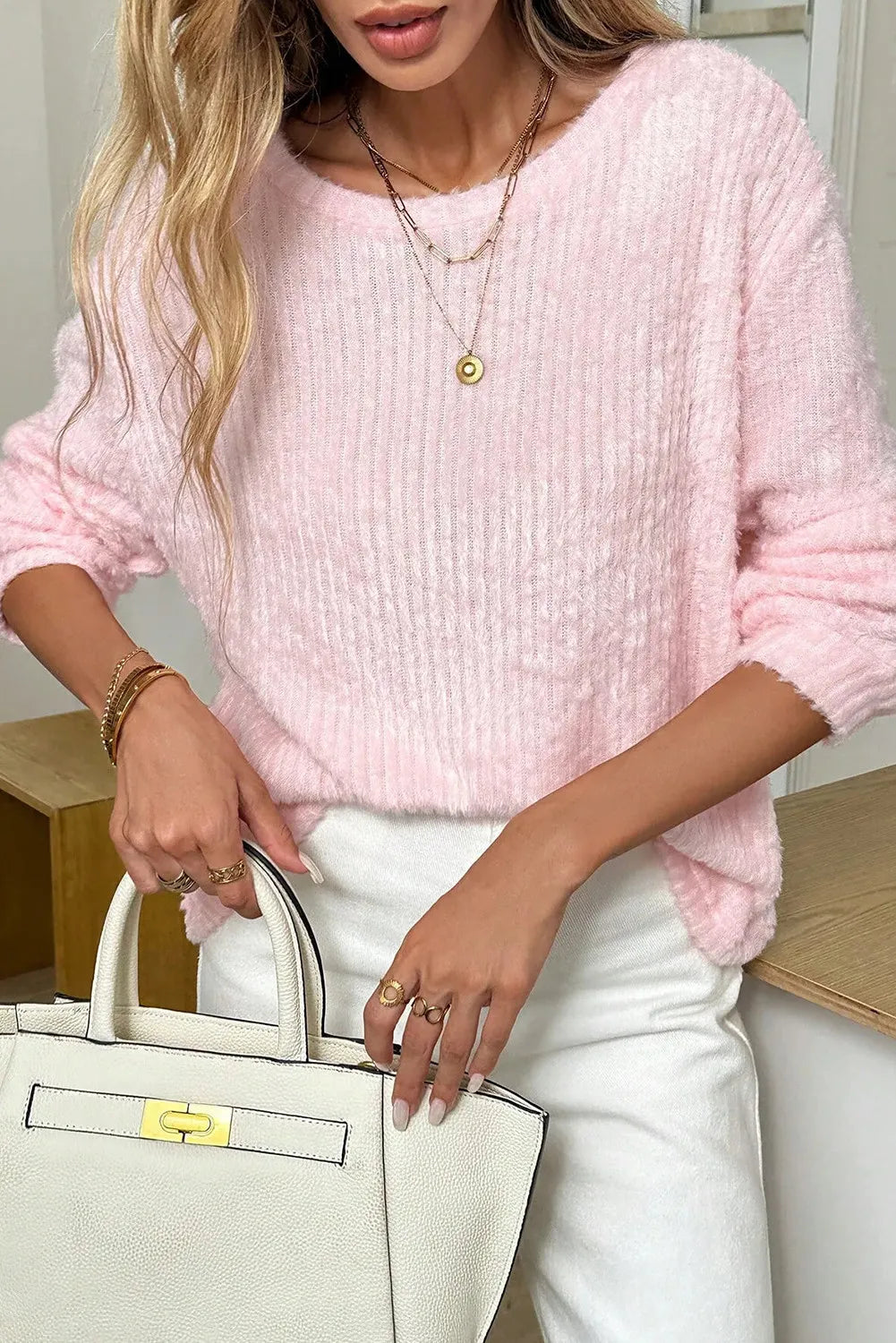 Fuzzy Ribbed Texture Round Neck Long Sleeve Top