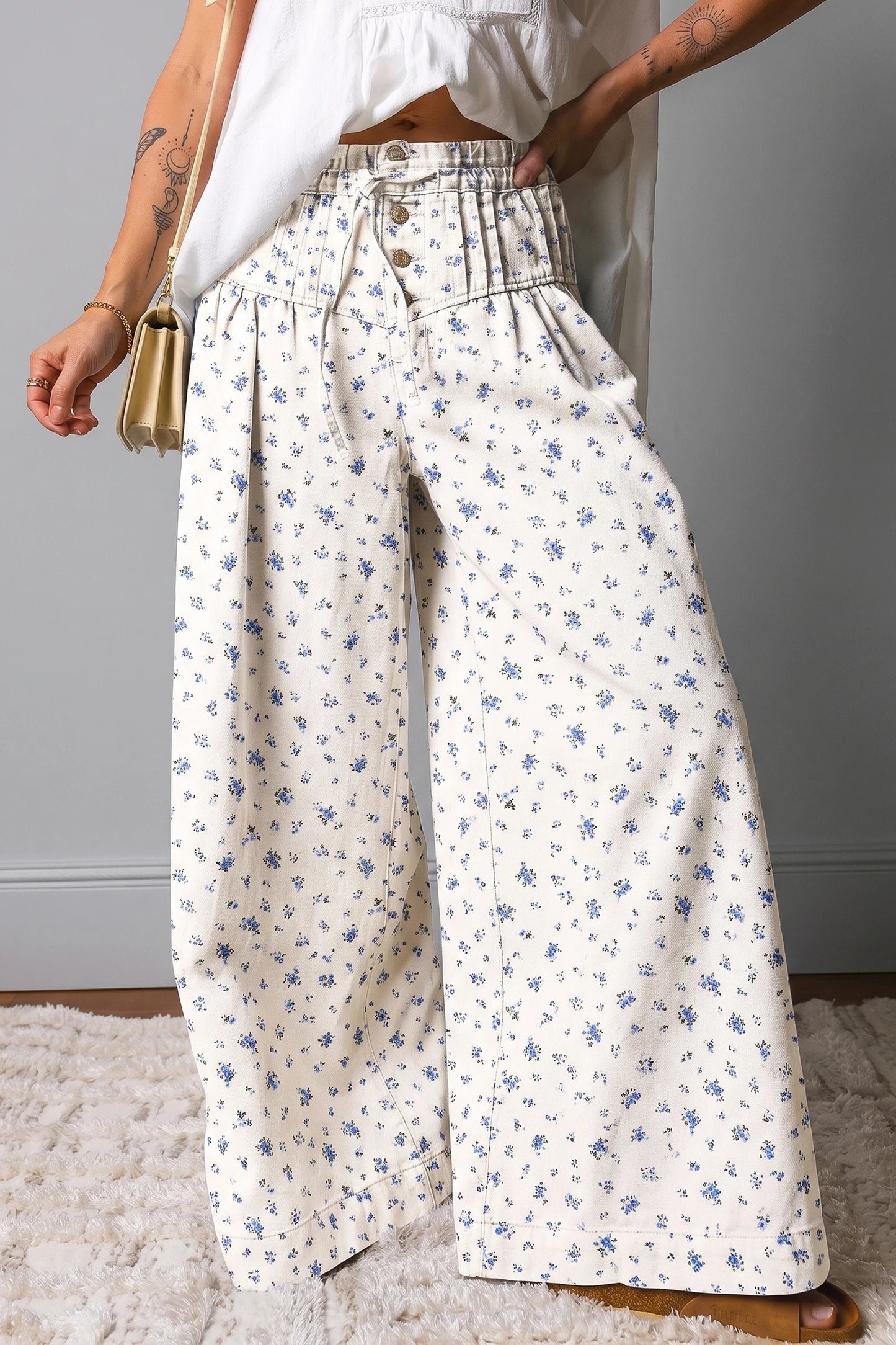 White Button Drawstring Pleated High Waist Floral Wide Leg Pants