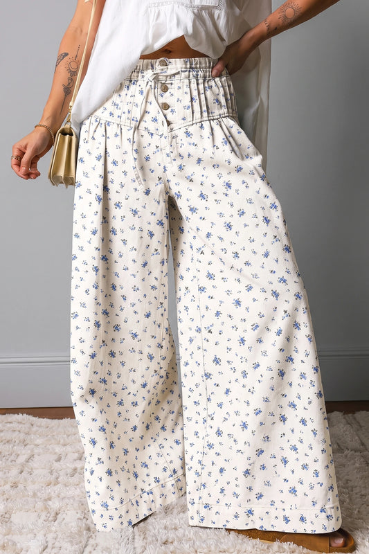 White Button Drawstring Pleated High Waist Floral Wide Leg Pants