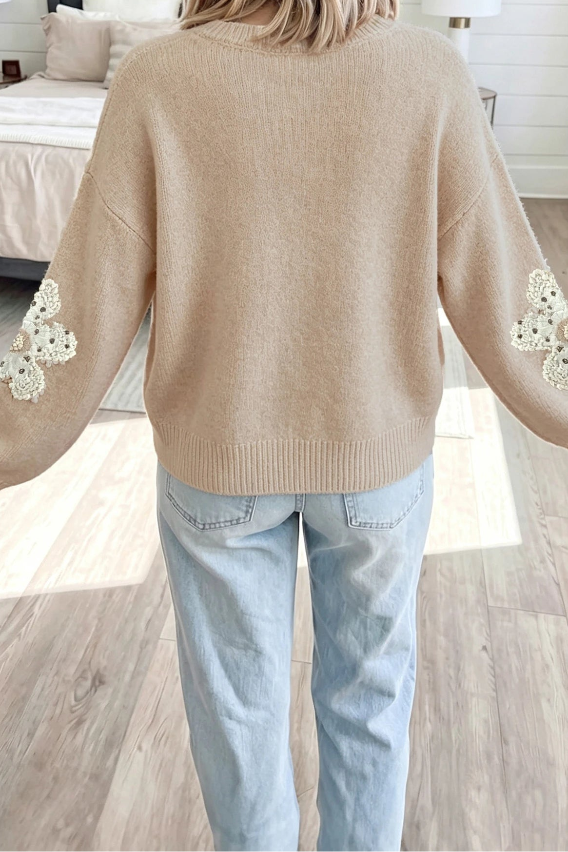 Smoke Gray Beaded Floral Sweater