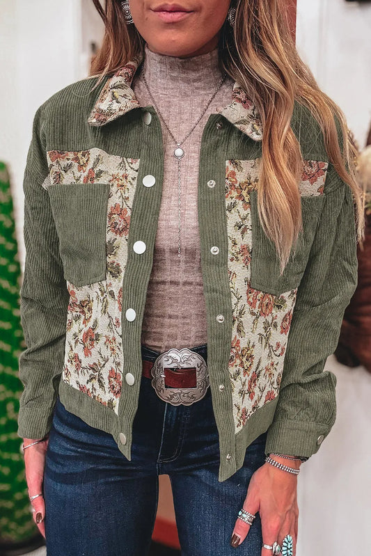 Ribbed Retro Floral Patchwork Shirt Style Jacket