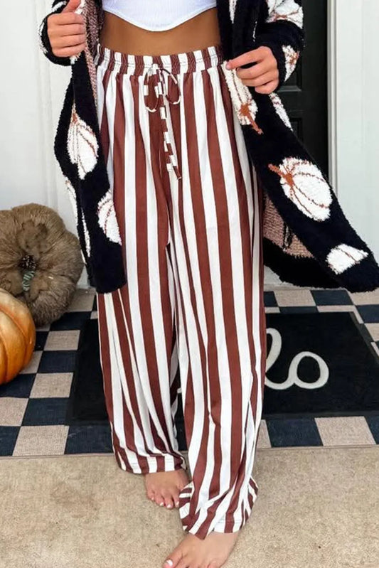 Stripe Drawstring Elastic Waist Flowy Wide Leg Pants