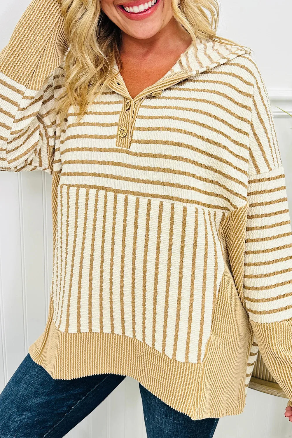 Stripe Textured Contrast Ribbed Patchwork Button V Neck Hooded Top