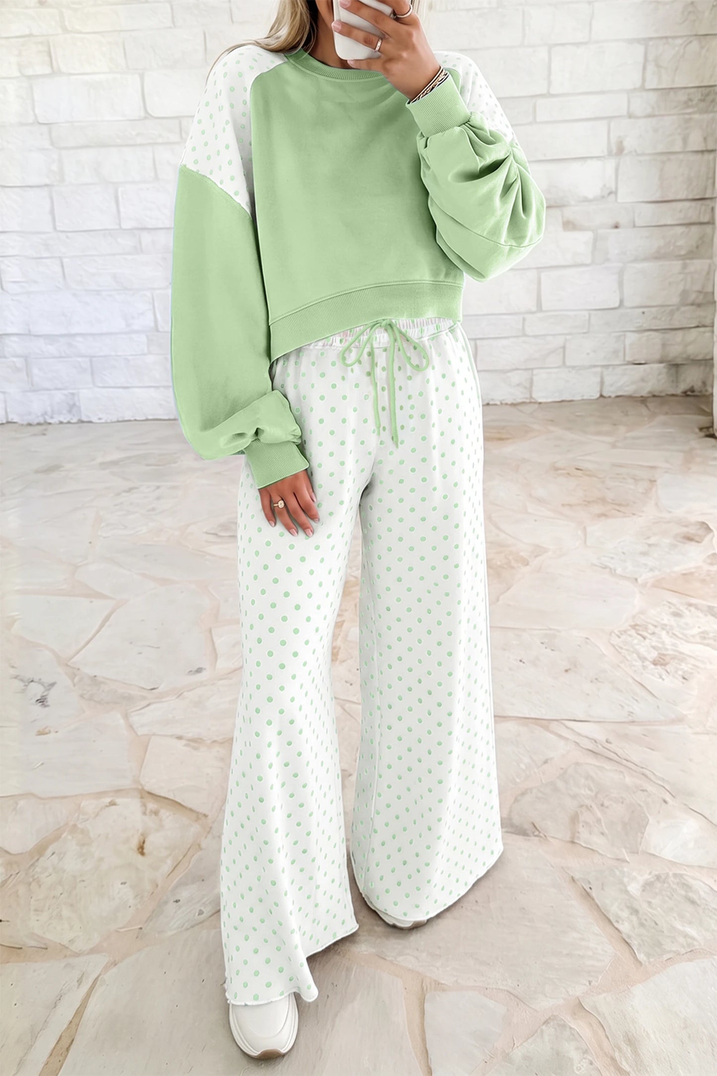 Green Polka Dot Casual Two Piece Set