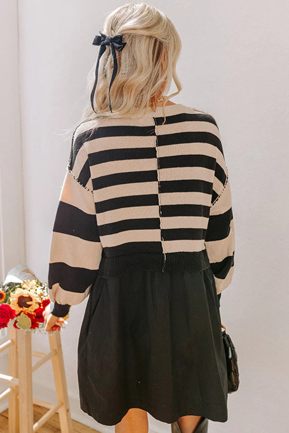 Stripe Two in One Knitted Top High Waist Splicing Hem Sweater Dress