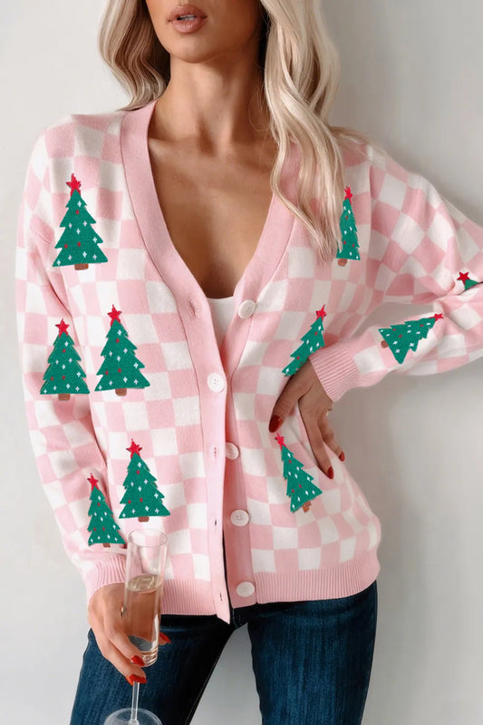 Checkered Christmas Tree Pattern Button V Neck Cardigan Sweater