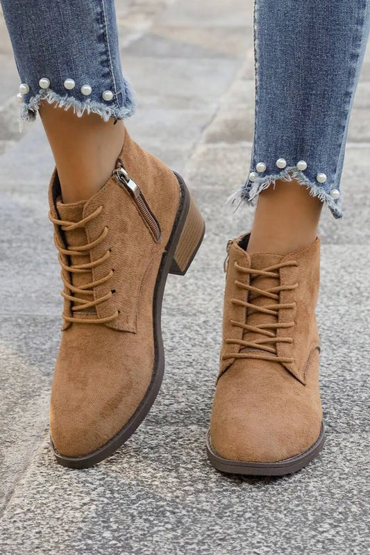 Suede Zip Side Lacing Detail Ankle Boots