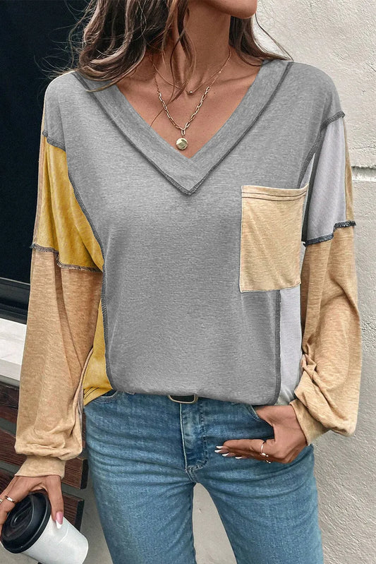 Exposed Stitching Colorblock V Neck Long Sleeve Top