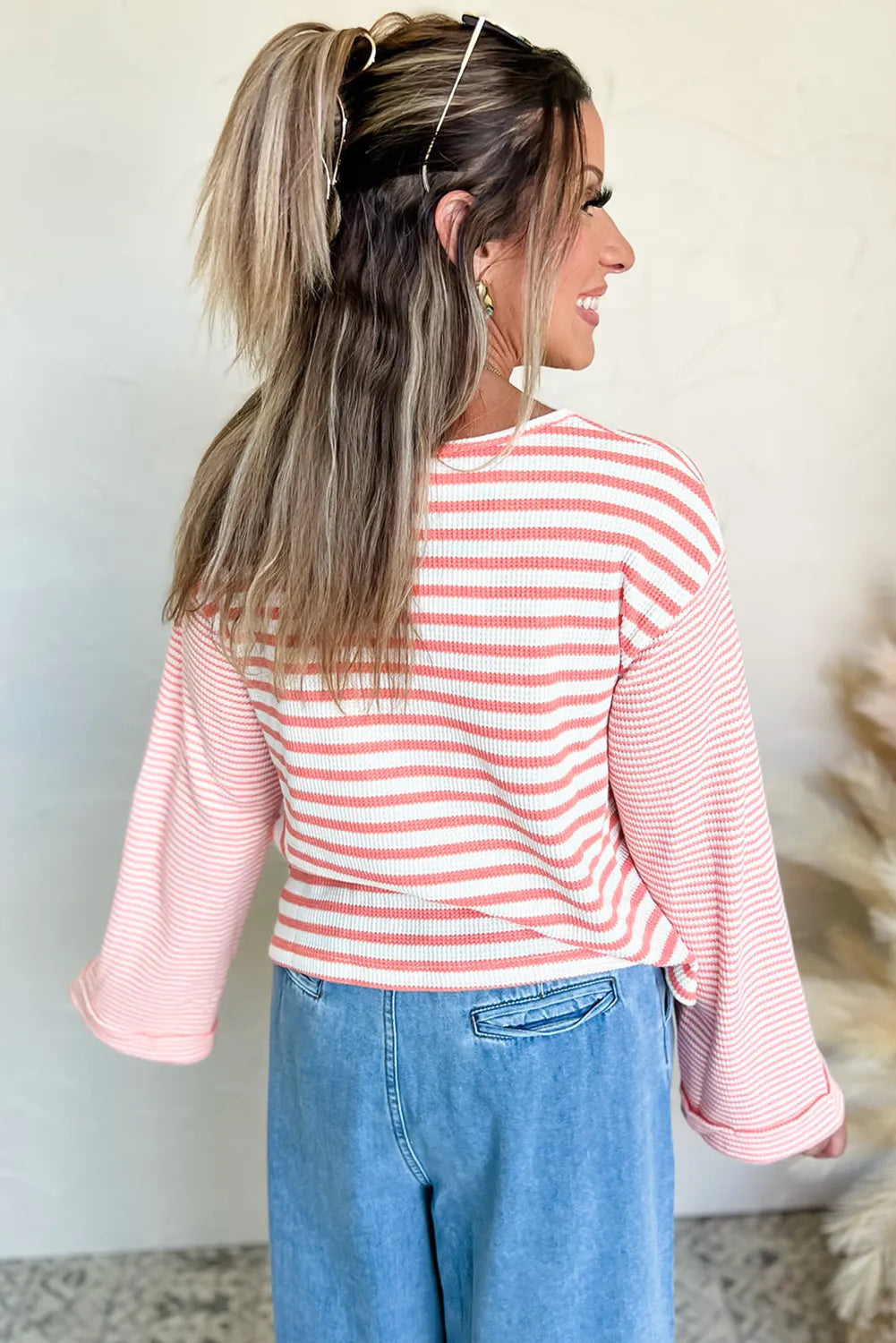 Stripe Textured Contrast Dropped Long Sleeve Top