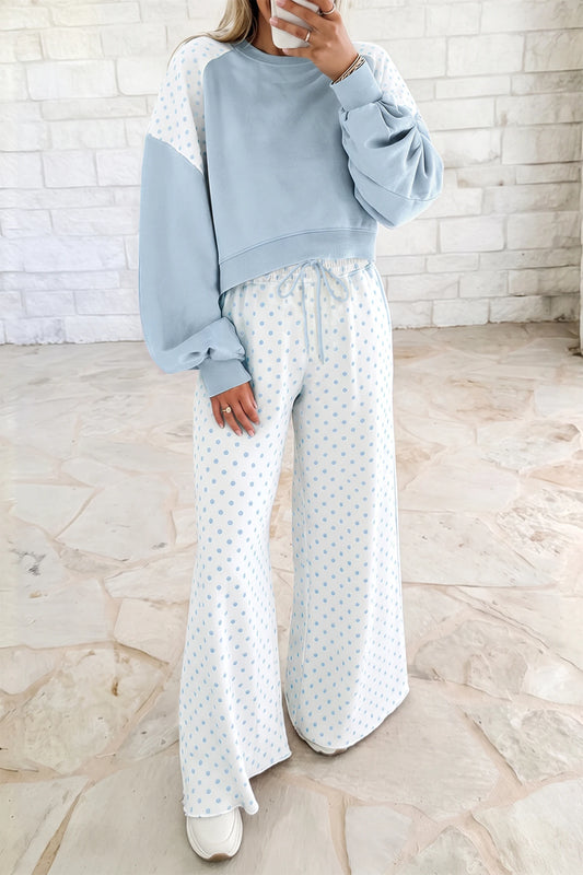 Light Blue Polka Dot Casual Two Piece Pants Set