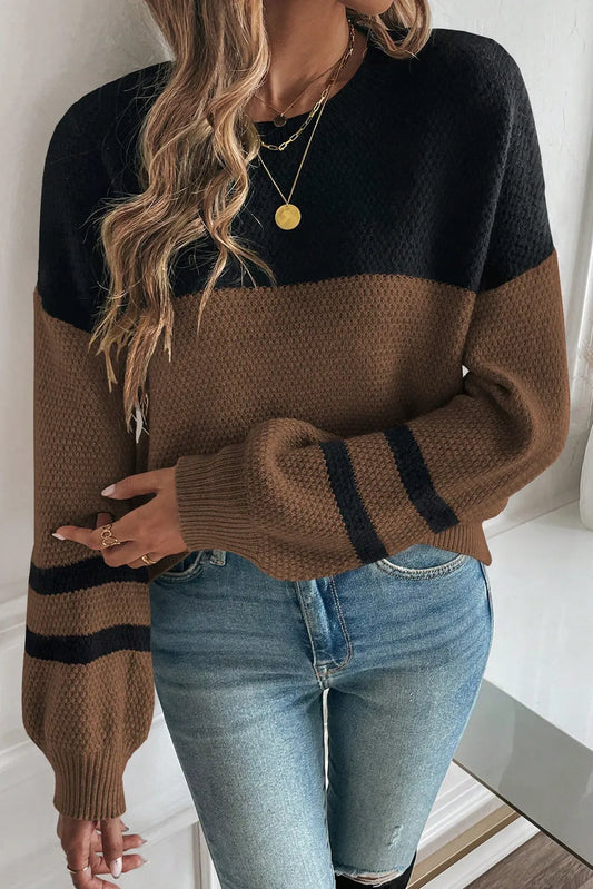 Color Block Knit Striped Sleeve Detail Casual Sweater