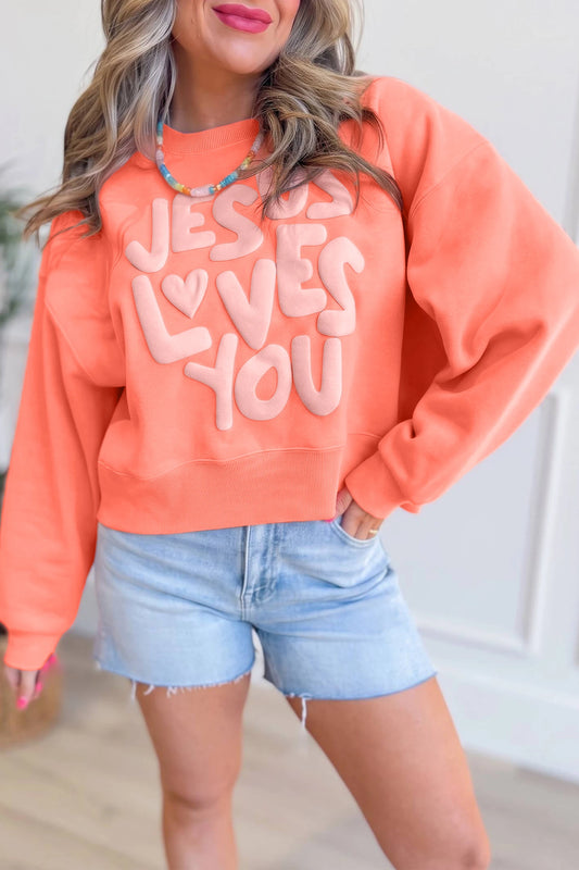 Grapefruit Orange JESUS LOVES YOU Puffy Letter Sweatshirt