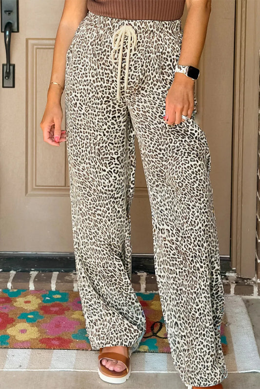 Leopard Drawstring Elastic Waistband Loose Pants