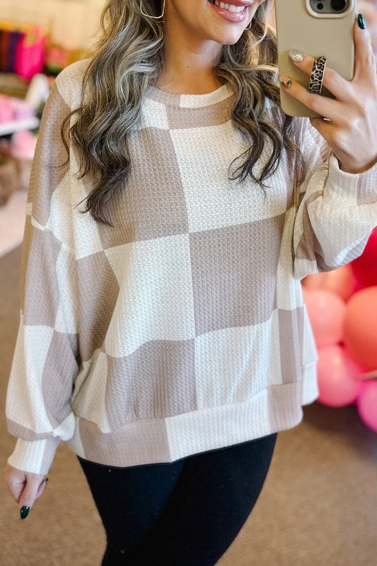 Checkered Print Breathable Textured Long Sleeve Top