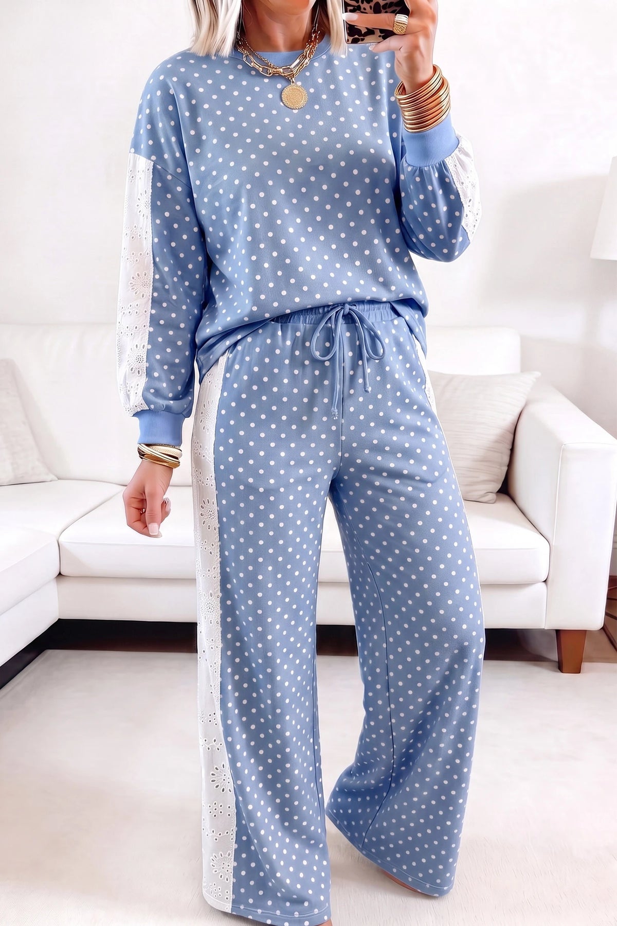 Sky Blue Polka Dot Top/Drawstring Pants Set