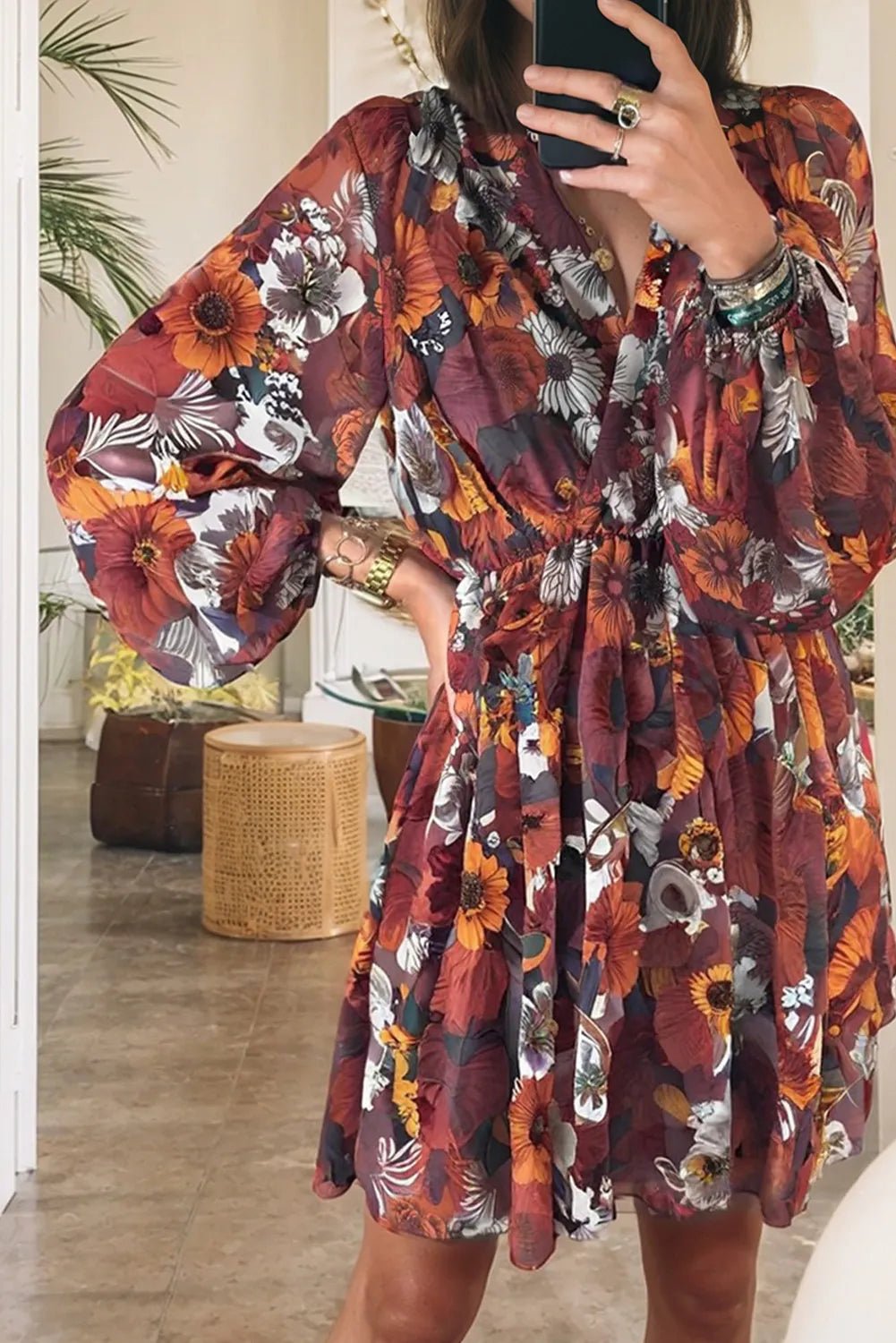 Floral Print Wrap V Neck Puff Sleeve Flowy Mini Dress