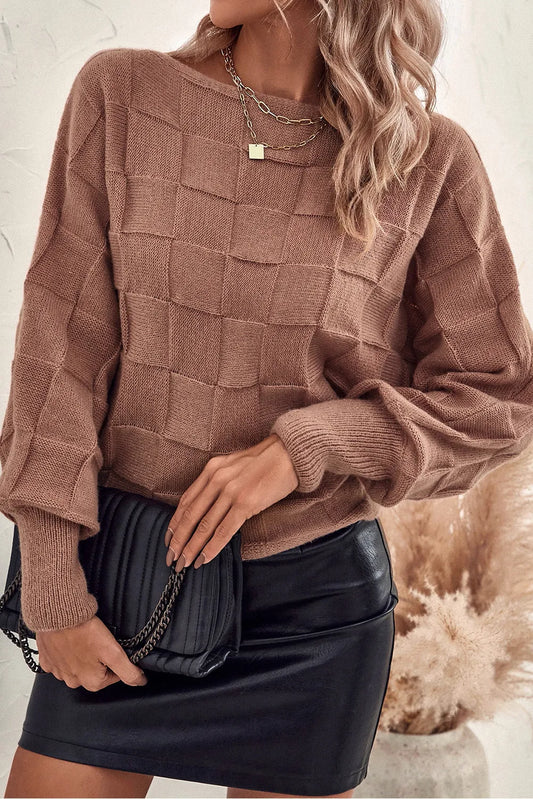 Checkered Texture Knit Dolman Sleeve Sweater