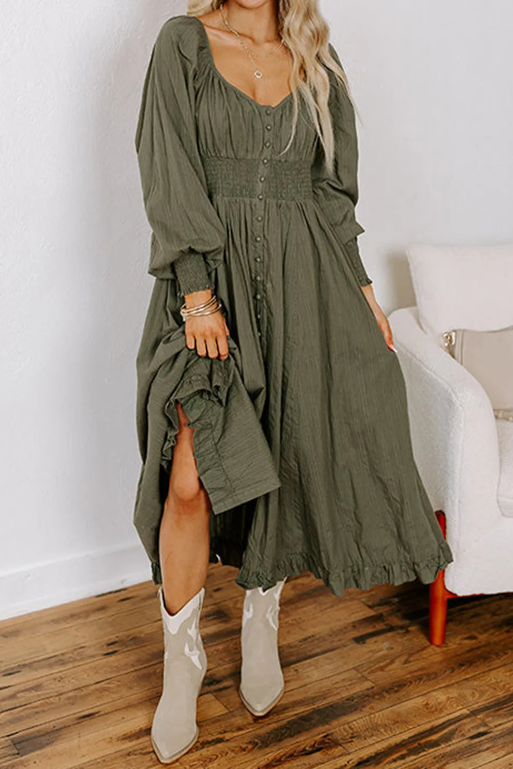 Smocked High Waist Button Down Long Sleeve Flared Dress
