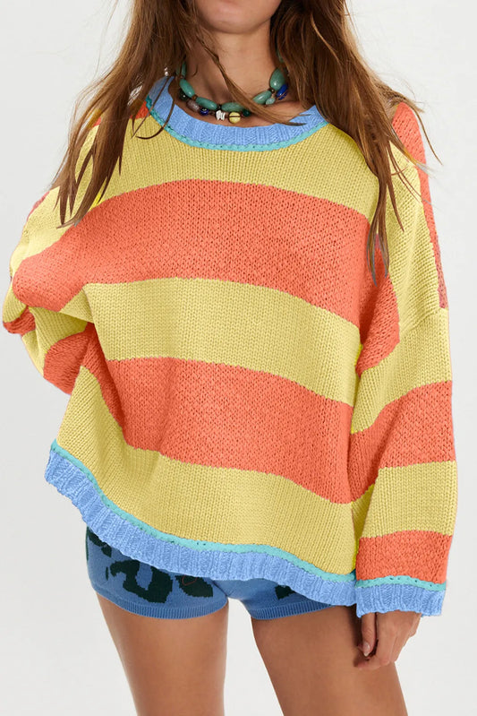 Stripe Trim Round Neck Oversize Sweater