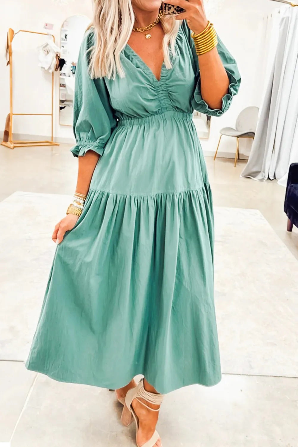 V Neck Frilled Puff Sleeve Cinched Waist Flared Long Dress