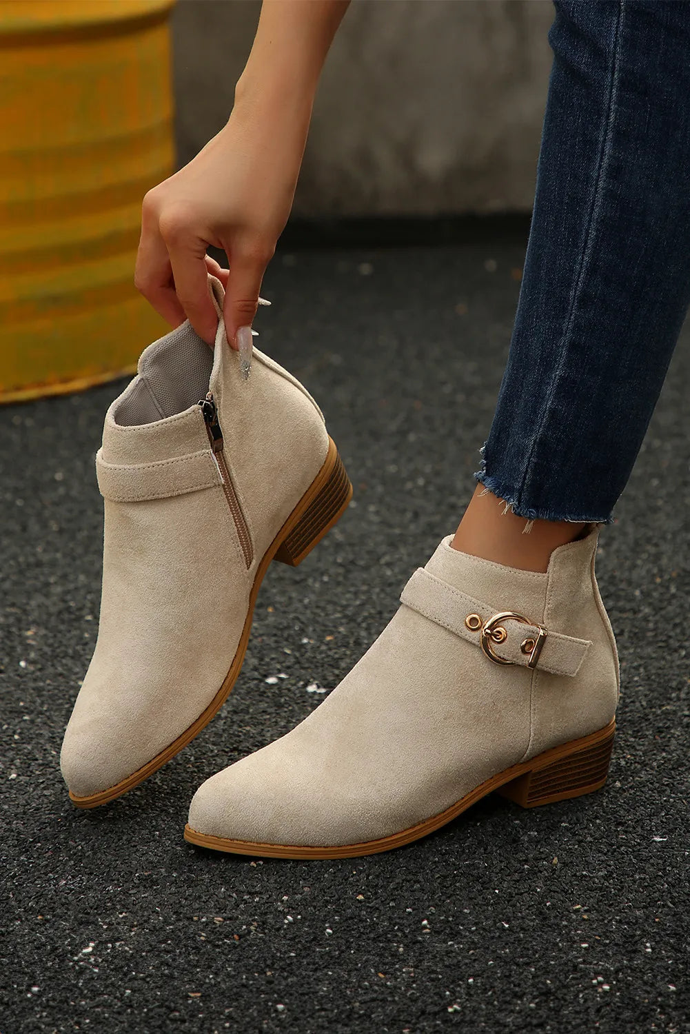 Classic Buckle Strap Chunky Heel Suede Boots