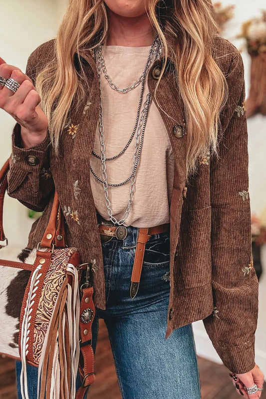 Floral Embroidered Collar Button Front Corduroy Jacket With Pocket