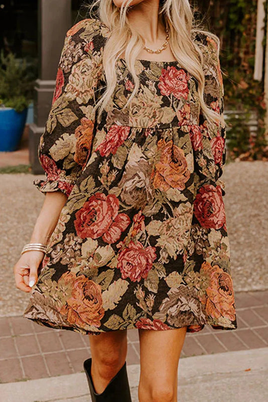 Floral Jacquard Knit Square Neck 3/4 Puff Sleeve Loose Mini Dress