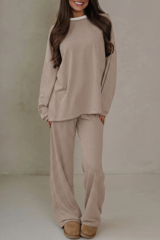 Beige Stripe Oversize  Top 2pcs Set